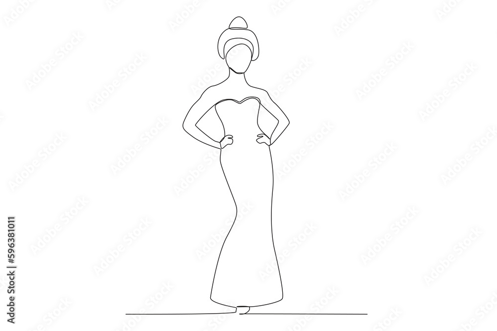 A woman wearing the latest dress design on stage. Fashion show one-line drawing