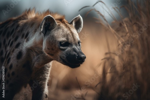 Closeup spotted hyena walking in field. Generative AI