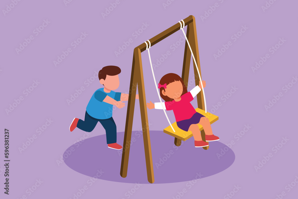 Character flat drawing little girl swinging on swing and her little boy friend helped push from behind. Happy kids playing swing together in public park playground. Cartoon design vector illustration Character flat drawing little girl swinging on swing and her little boy friend helped push from behind. Happy kids playing swing together in public park playground. Cartoon design vector illustration