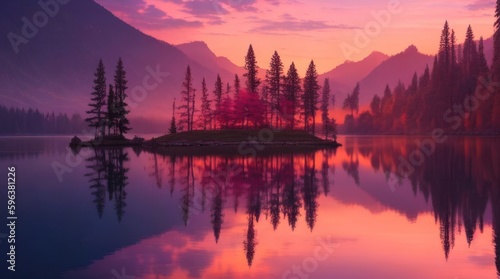 Imagine a breathtaking view of a serene lake surrounded by lush green mountains. The sky is a blend of orange, pink, and purple hues, indicating that the sun is setting.