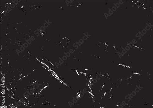 Polyethylene texture. Grunge effect. Transparent stretched cling film. Overlay grunge texture. Black and white vector background. Crumpled warp plastic. Defect, scuff template. Wrinkled packaging
