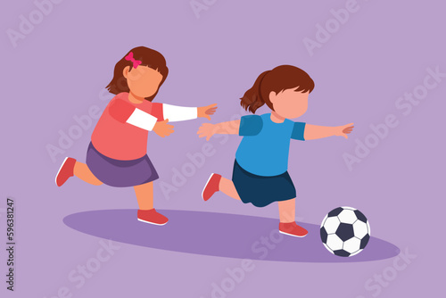 Character flat drawing little girls playing football together. Two happy kids playing sport at school playground. Smiling children kicking ball by foot between them. Cartoon design vector illustration © onetime