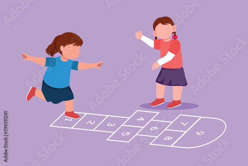 Graphic flat design drawing two little girl playing hopscotch at kindergarten yard. Kids playing hopscotch game at school outside. Hop scotch court drawn with chalk. Cartoon style vector illustration