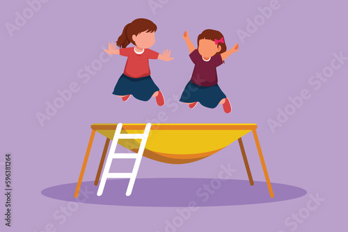 Graphic flat design drawing two little girl jumping on trampoline together. Happy kids jumping on round trampoline. Active children outdoors games at amusement park. Cartoon style vector illustration