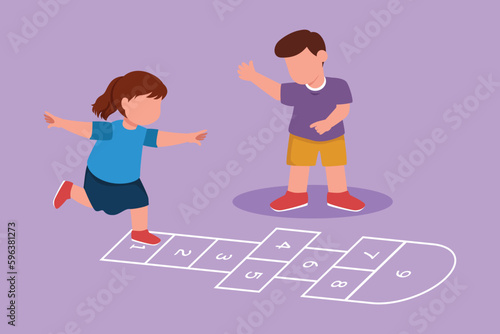 Graphic flat design drawing of little girl and boy playing hopscotch at kindergarten yard. Happy kids hopping at school playground. Hop scotch court drawn with chalk. Cartoon style vector illustration