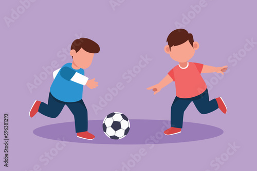 Character flat drawing cute young boys playing football together. Two happy little kids playing sport in uniform. Smiling children kicking ball by foot between them. Cartoon design vector illustration