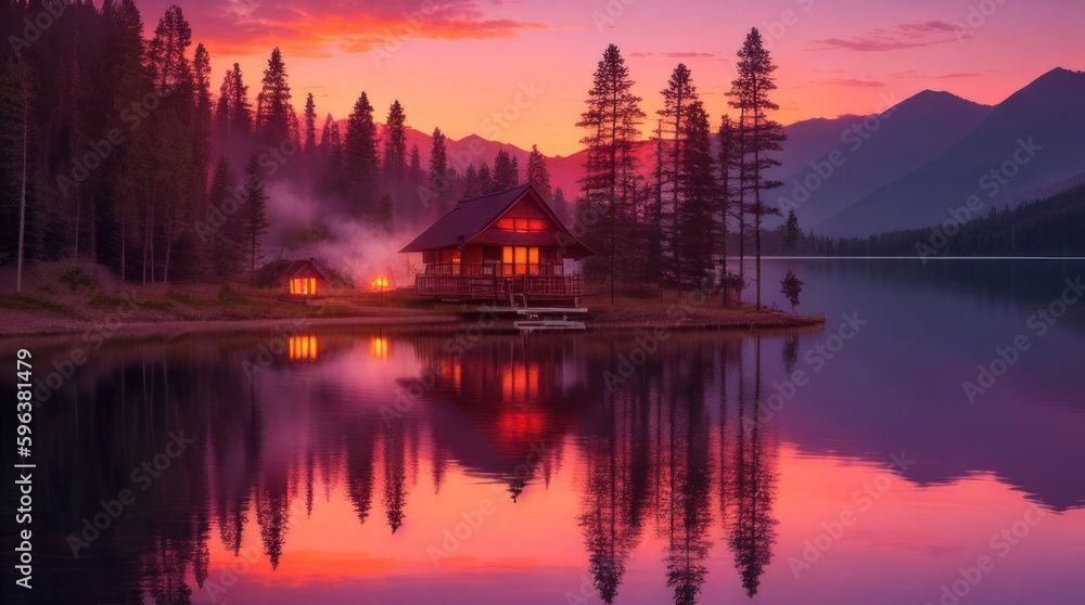 Imagine a breathtaking view of a serene lake surrounded by lush green mountains. The sky is a blend of orange, pink, and purple hues, indicating that the sun is setting.