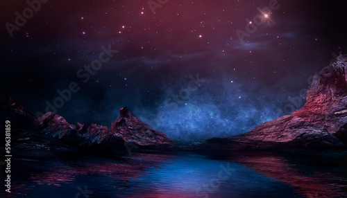 Futuristic fantasy landscape, sci-fi landscape with planet, neon light, cold planet. Galaxy, unknown planet. Dark natural scene with light reflection in water. Neon space galaxy. 