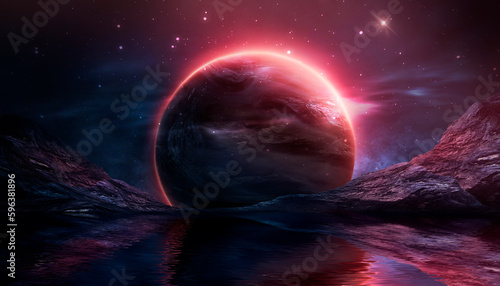 Fototapeta Naklejka Na Ścianę i Meble -  Futuristic fantasy landscape, sci-fi landscape with planet, neon light, cold planet. Galaxy, unknown planet. Dark natural scene with light reflection in water. Neon space galaxy. 
