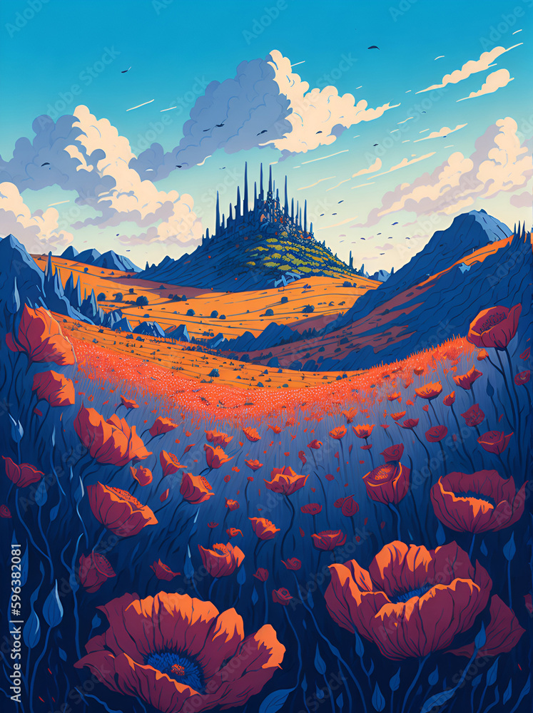 Poppys fields landscape. AI generated illustration