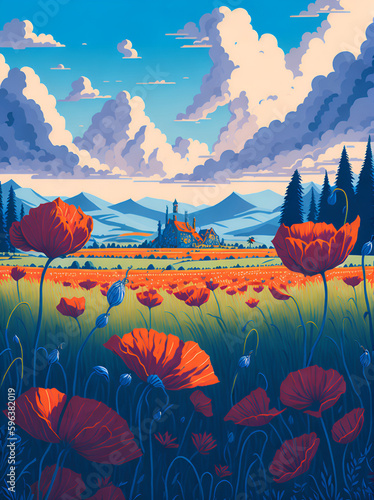 Poppys fields landscape. AI generated illustration