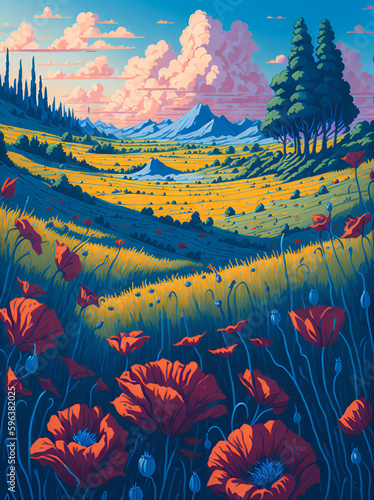 Poppys fields landscape. AI generated illustration