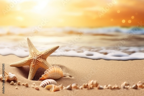 Starfish and seashells on tropical beach background. Summer vacation and nature concept. Generative ai.