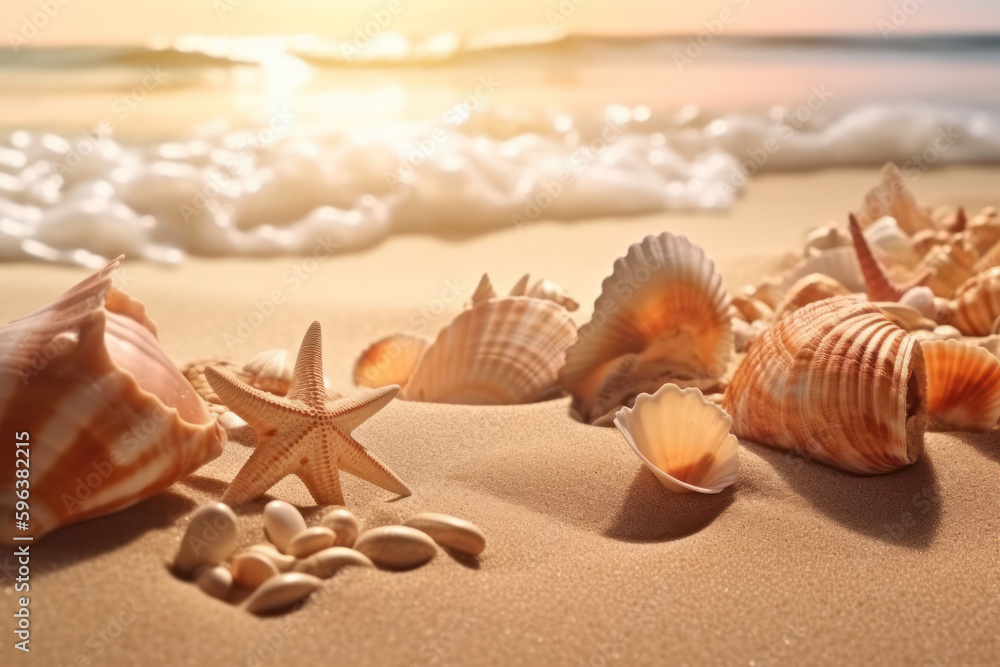 Starfish and seashells on tropical beach background. Summer vacation and nature concept. Generative ai. Starfish and seashells on tropical beach background. Summer vacation and nature concept. Generative ai.