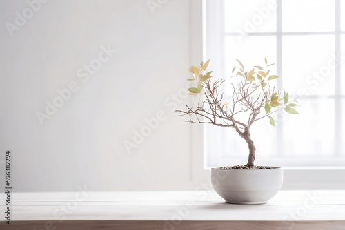 Modern Interior Design Concept with White Wall Background. Tabletop for your product with Tree Pot and Beautiful Plants as Decoration in Room © Thares2020