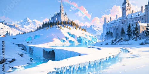 anime style background, landscape, cityscape, rainbow, snow, winter, cold, white, blue sky, sky, castle, ice, travel, generative ai, generative, ai © Rachel Yee Laam Lai