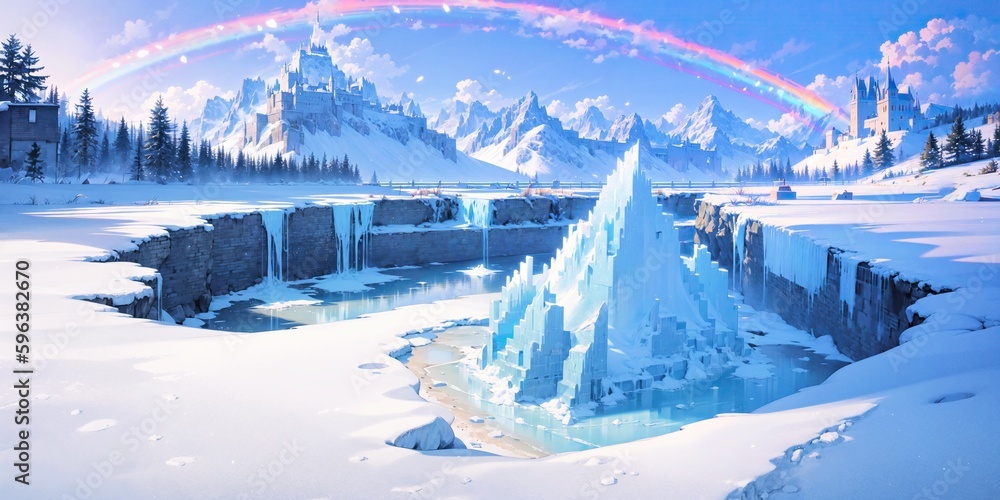 Fototapeta premium anime style background, landscape, cityscape, rainbow, snow, winter, cold, white, blue sky, sky, castle, ice, travel, generative ai, generative, ai