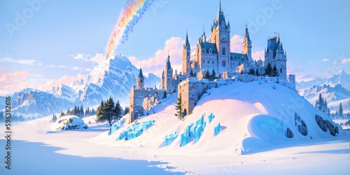 anime style background  landscape  cityscape  rainbow  snow  winter  cold  white  blue sky  sky  castle  ice  travel  generative ai  generative  ai