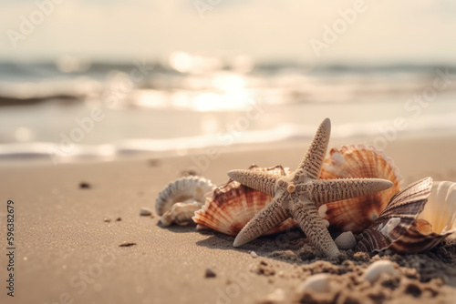 Starfish and seashells on tropical beach background. Summer vacation and nature concept. Generative ai.