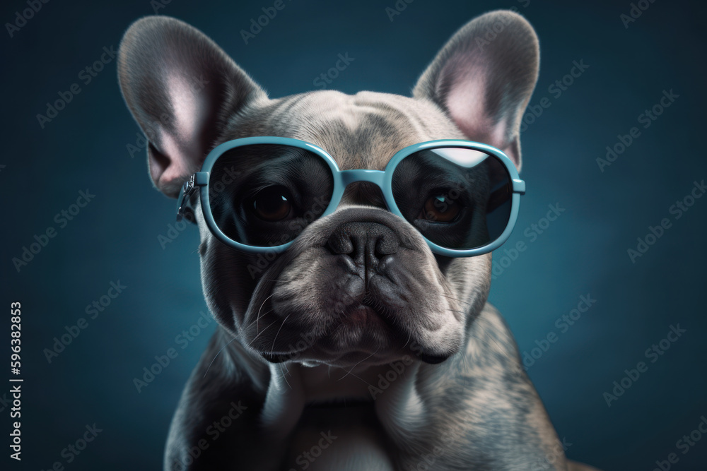 French bulldog with sunglasses on blue background