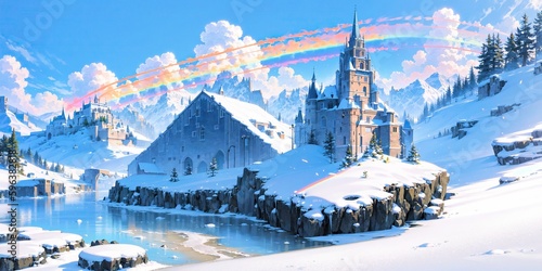 anime style background, landscape, cityscape, rainbow, snow, winter, cold, white, blue sky, sky, castle, ice, travel, generative ai, generative, ai
