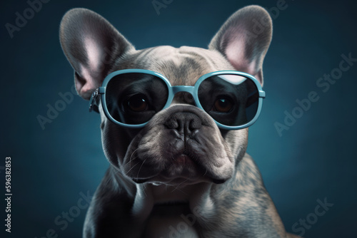 French bulldog with sunglasses on blue background © M.Gierczyk