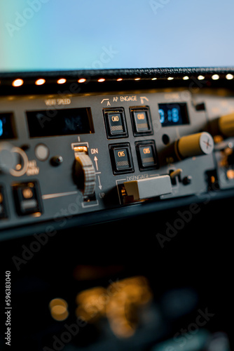 A detailed shot of the control and navigation panel in the cockpit of a Boeing 737 Flight Simulator passenger plane