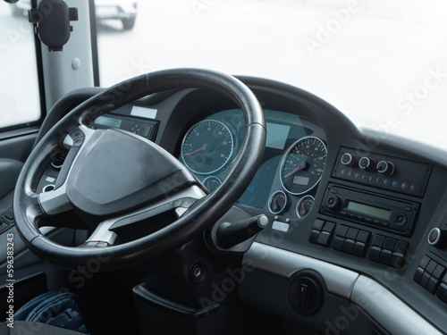 pullman inside coach bus steering wheel, public transport vehicle interior © Marco