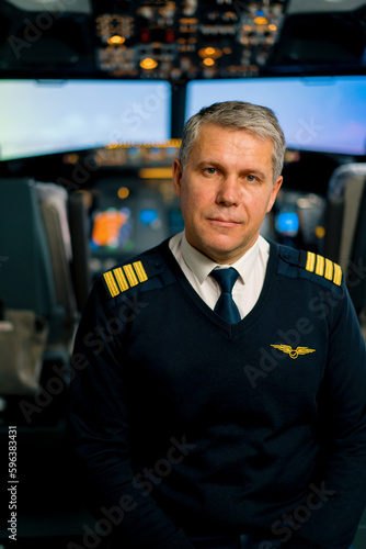 Portrait of smiling airplane captain in uniform preparing for flight in aero simulator cockpit