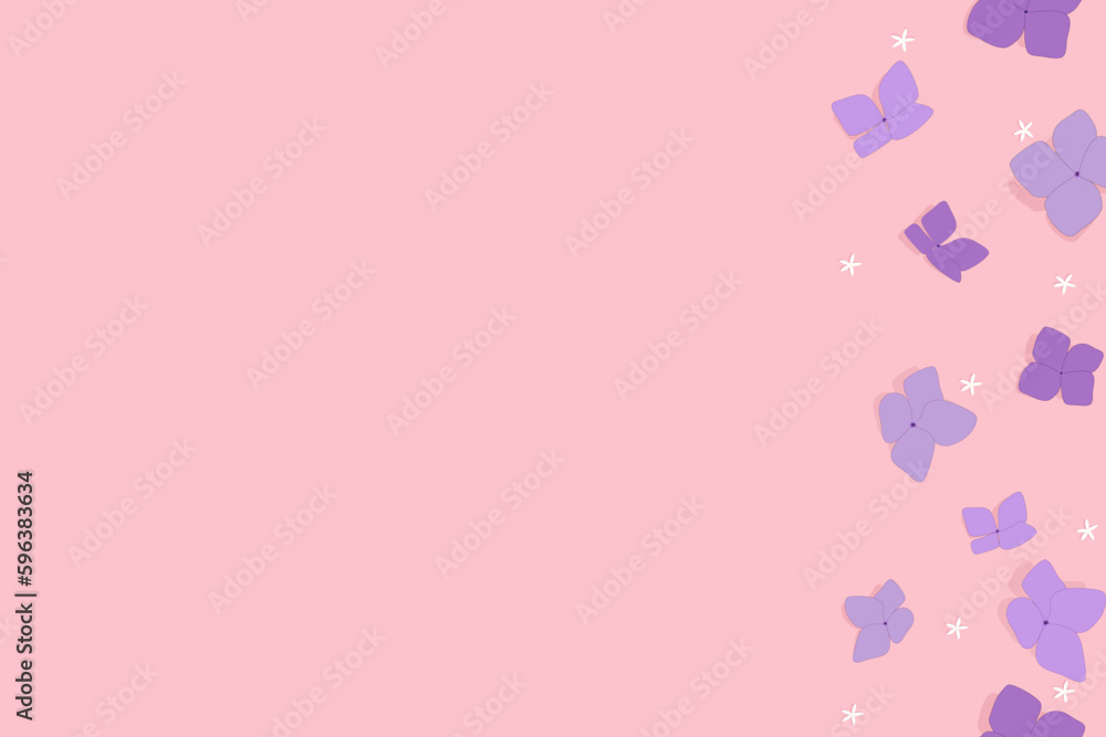 Pink background with blue violet flower banner vector Illustration. Birthday, anniversary, party, wedding, love, valentines.