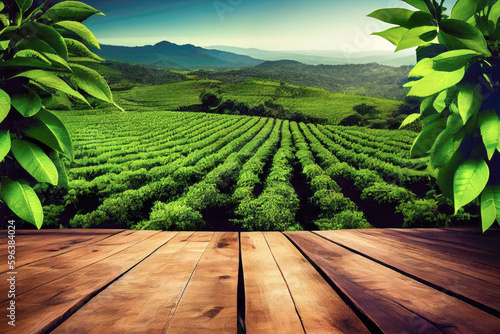 Empty wooden table top with view of tea plantation and mountain. Nature with bokeh background for product placement or montage with focus to the table top. Generative ai.