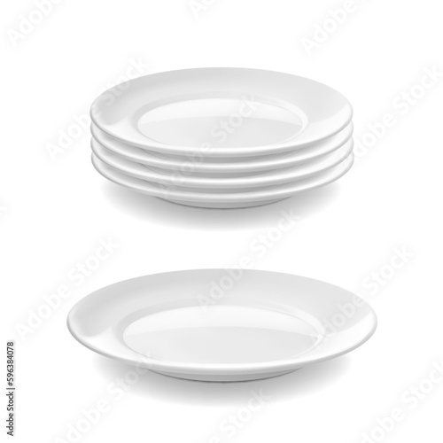 Pile of clean white plates. Porcelain dish plate stack vector realistic 3d