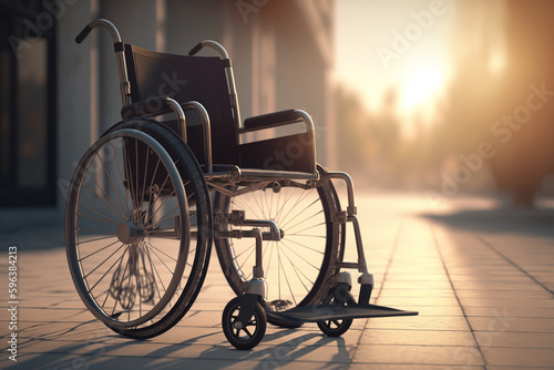 Empty wheelchair on sunny sidewalk. Generative AI