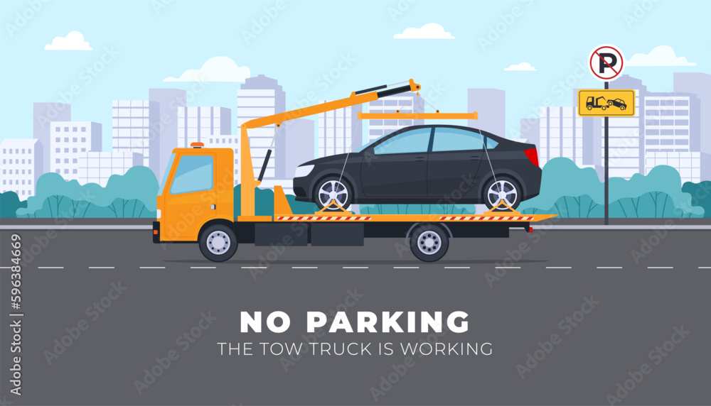 The tow truck transports the car. Improper car parking and evacuation to the penalty area. Vector illustration The tow truck transports the car. Improper car parking and evacuation to the penalty area. Vector illustration