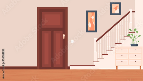 Room interior with stairs and doors. Ascent to the upper floor. Vector illustration