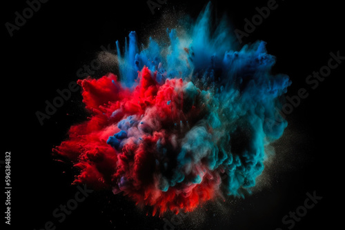Freeze motion of colored powder explodes on black background. Abstract colorful explosion. Generative AI