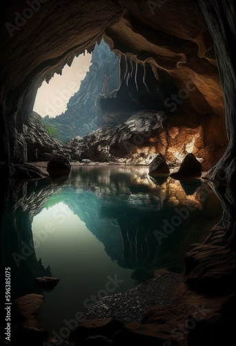 Mysterious cave with a beautiful underground lake and hanging stalactites. AI Generated