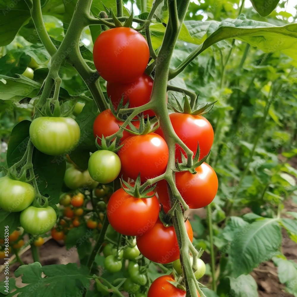 Beautiful red ripe cherry tomatoes grown in a greenhouse, Generative AI