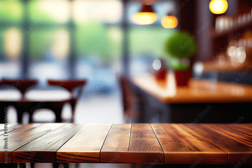 Empty wooden table top for product placement or montage with focus to the table top, blurred coffee shop or cafe,restaurant background. Generative ai. Empty wooden table top for product placement or montage with focus to the table top, blurred coffee shop or cafe,restaurant background. Generative ai.