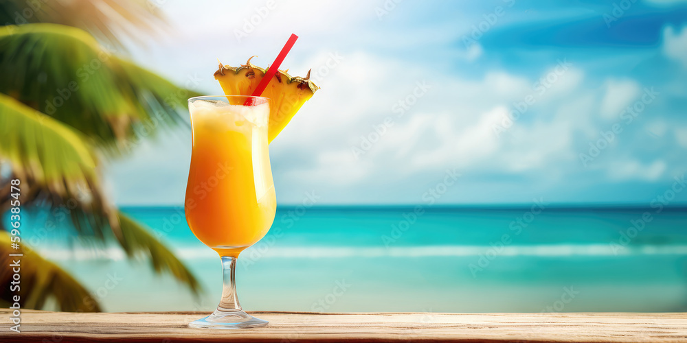 orange cocktail glass with fruit slice on tropical beach background ...
