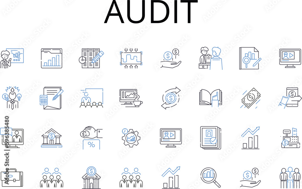 Audit line icons collection. Checkup, Verification, Inspection, Scrutiny, Examination, Review, Assessment vector and linear illustration. Appraisal,Analysis,Survey outline signs set Generative AI