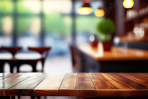 Empty wooden table top for product placement or montage with focus to the table top, blurred coffee shop or cafe,restaurant background. Generative ai.