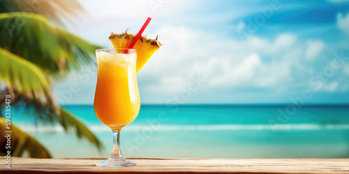 orange cocktail glass with fruit slice on tropical beach background. banner with copy space. generative AI