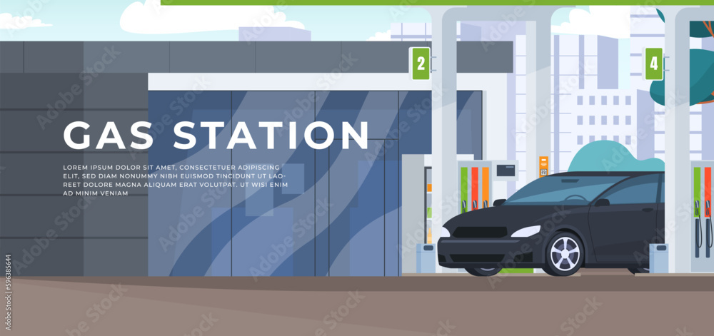 Gas station. Stopping and refueling a car on a trip, a small shop for drivers and passengers. Vector illustration