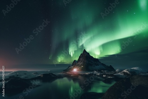 Stunning night sky featuring aurora borealis and stars, with a green banner ideal for copy. Generative AI