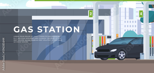 Gas station. Stopping and refueling a car on a trip, a small shop for drivers and passengers. Vector illustration