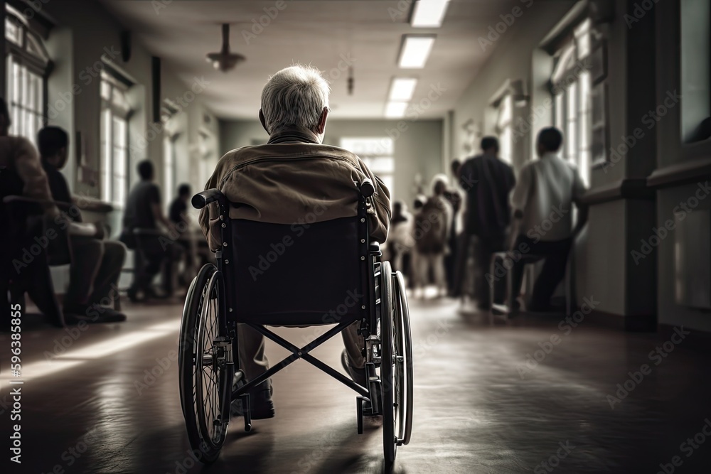 An old man in a wheelchair, rear view. Generative AI An old man in a wheelchair, rear view. Generative AI