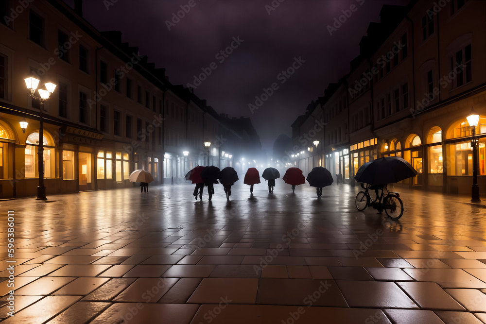 Evening streets of the old town with bright orange lanterns reflecting off the wet cobblestones in the rain with fog and silhouettes of crowds of people with umbrellas and on bicycles. Generative AI.