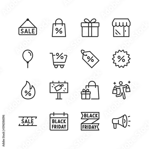 Black Friday, linear style icons set. Sale Day. Big discount and gift for customers. Savings on shopping, marketing. Editable stroke width