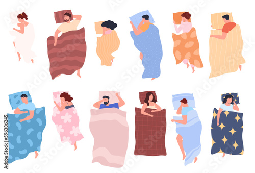 Men and women covered with blankets sleep in different positions. Comfortable healthy sleep. Vector illustration